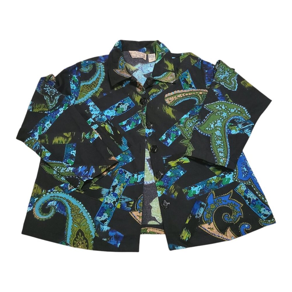 Life Style Woman Black Teal Green Gold Paisley Printed Jacket 1X - Picture 3 of 16